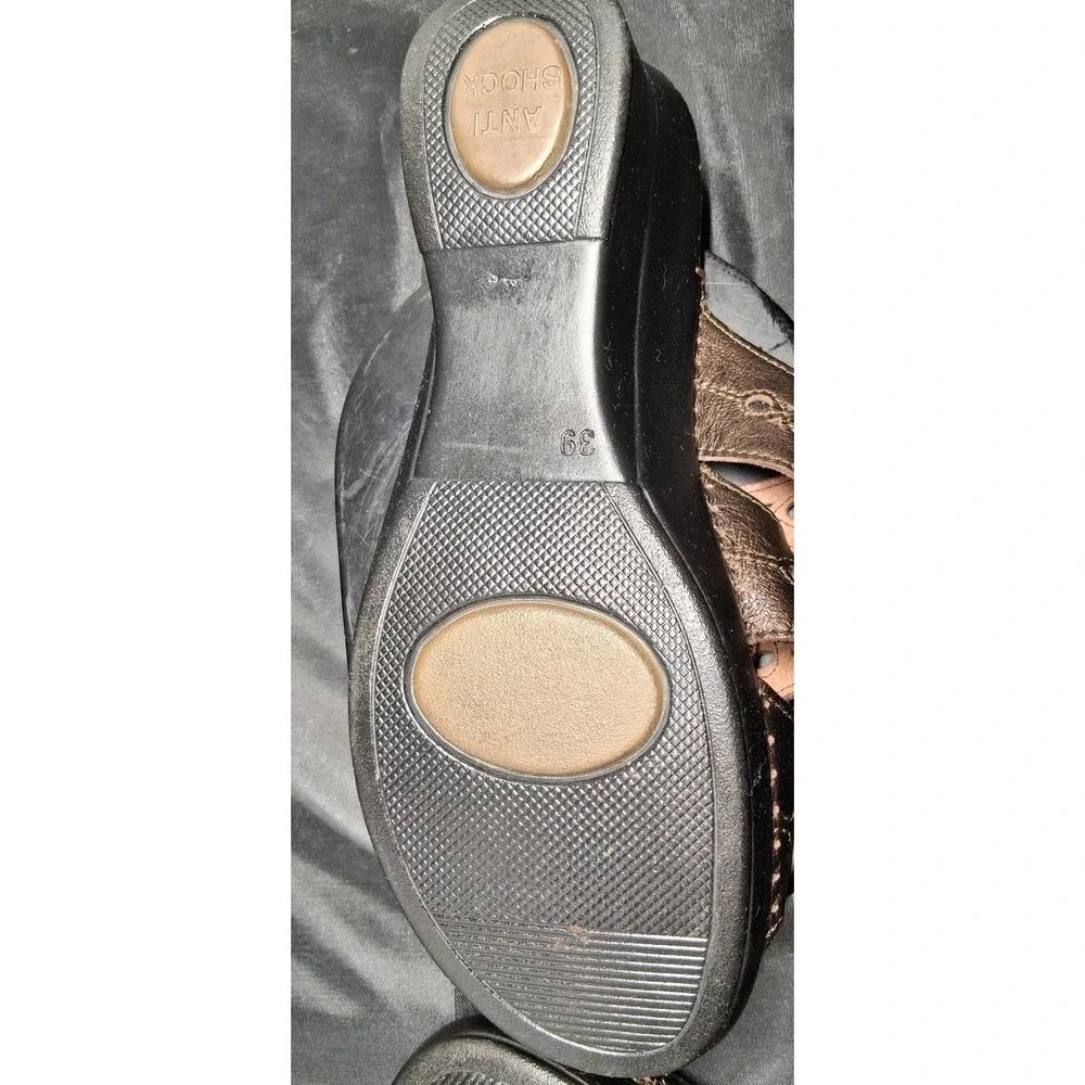 La Plume Metallic Bronze Leather Wedge Slide Sandals Adjustable Straps Size 39
